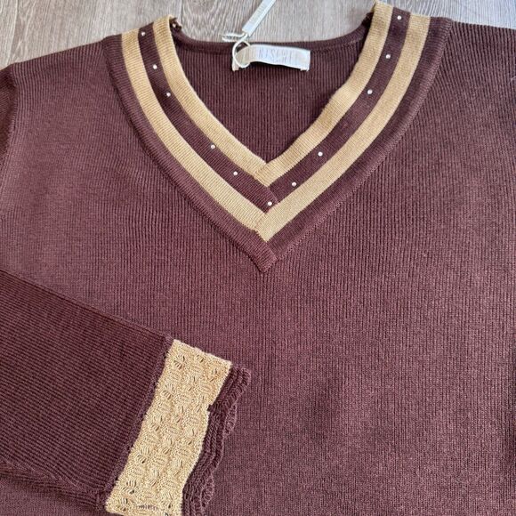 New Womens Brown Beige Wool Blend Knit V-Neck Long-Sleeve Sweater Embodied - Picture 10 of 11
